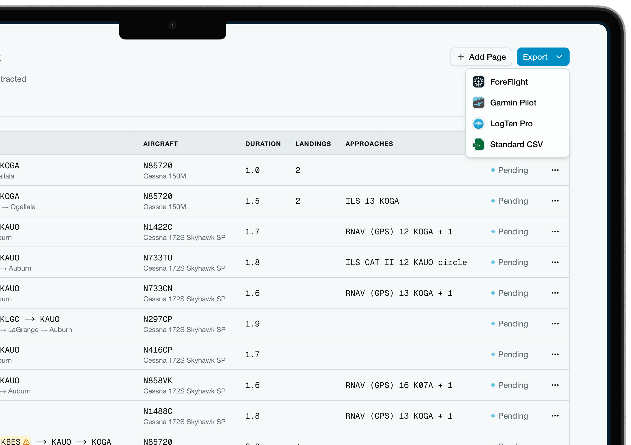 QuickLogs export options — ForeFlight, LogTen Pro, Garmin Pilot