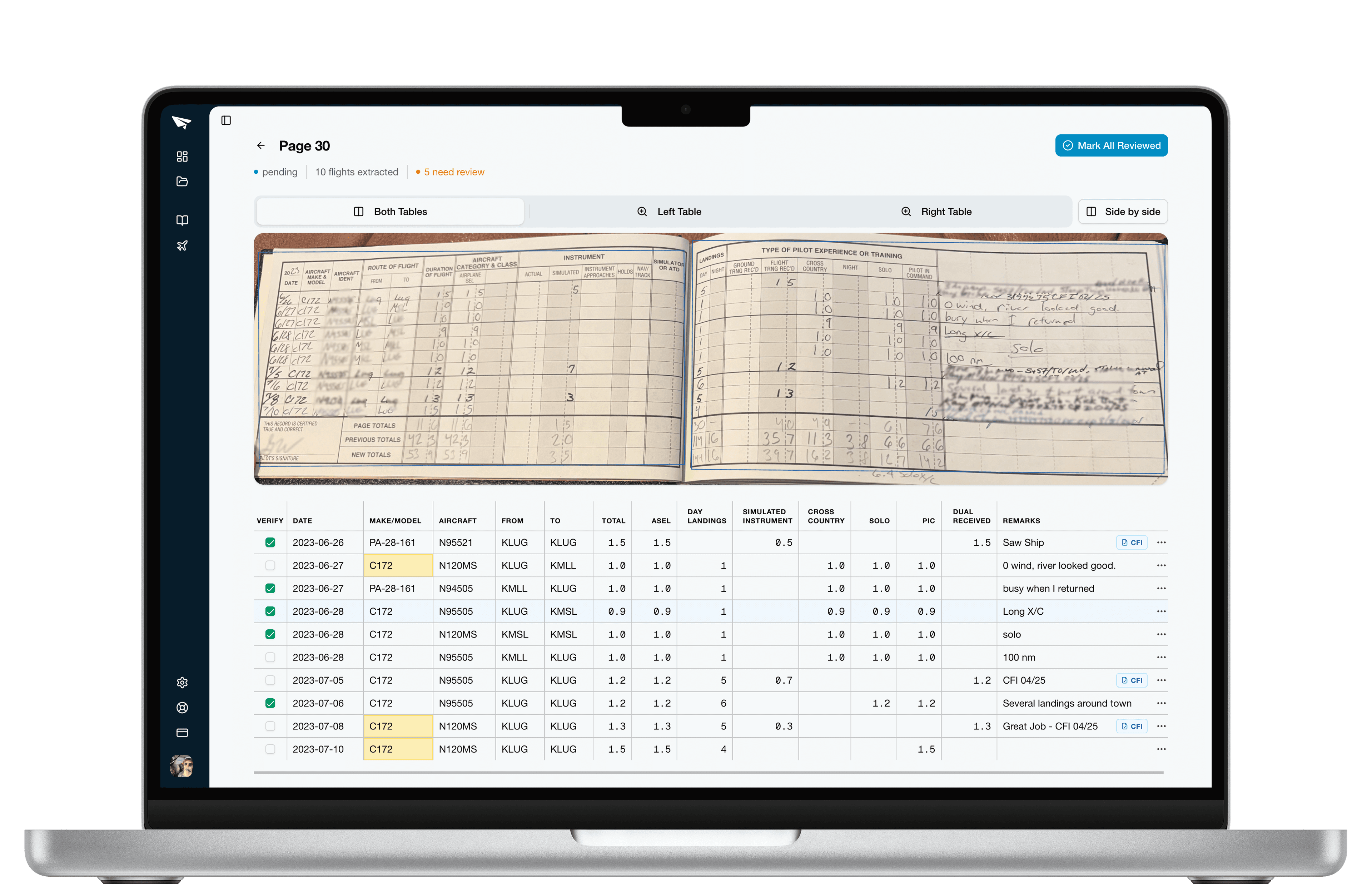 QuickLogs Review Station — extracted flight table alongside logbook image