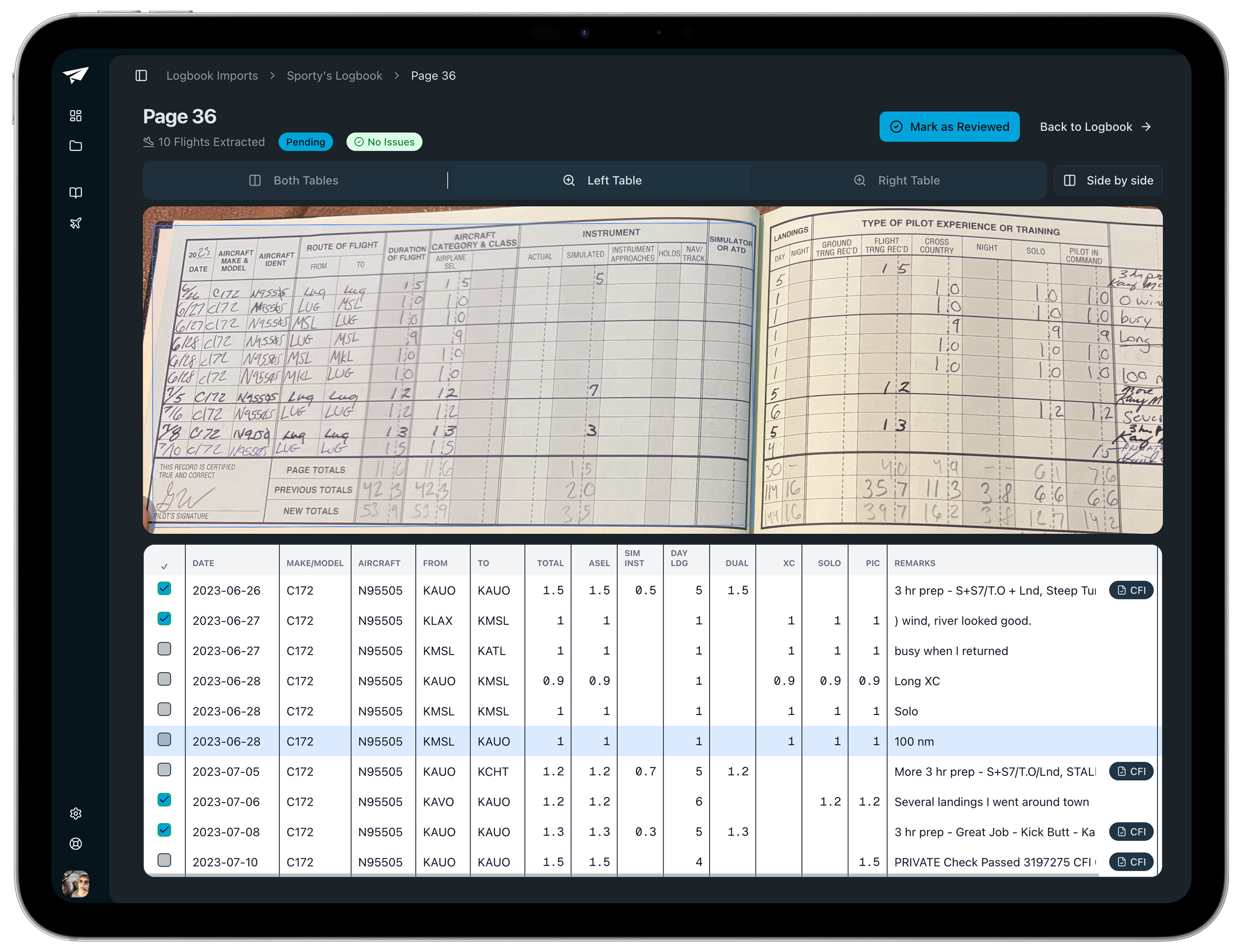 iPad showing HITL review interface with logbook and extracted data