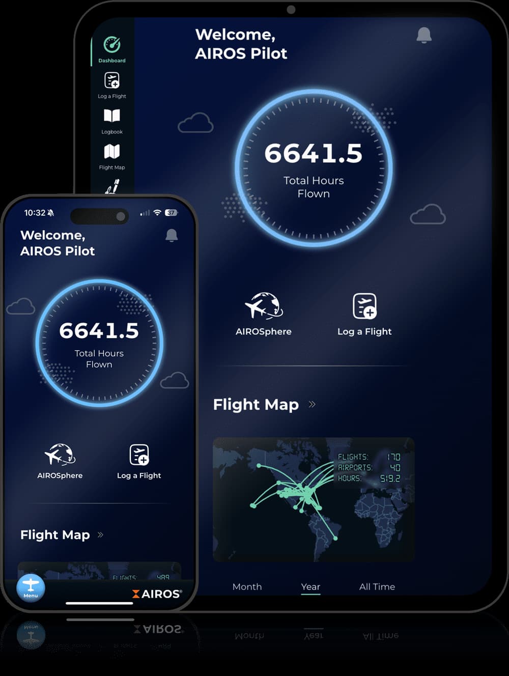 AIROS logbook dashboard on a phone and tablet, displaying flight hours and a flight map