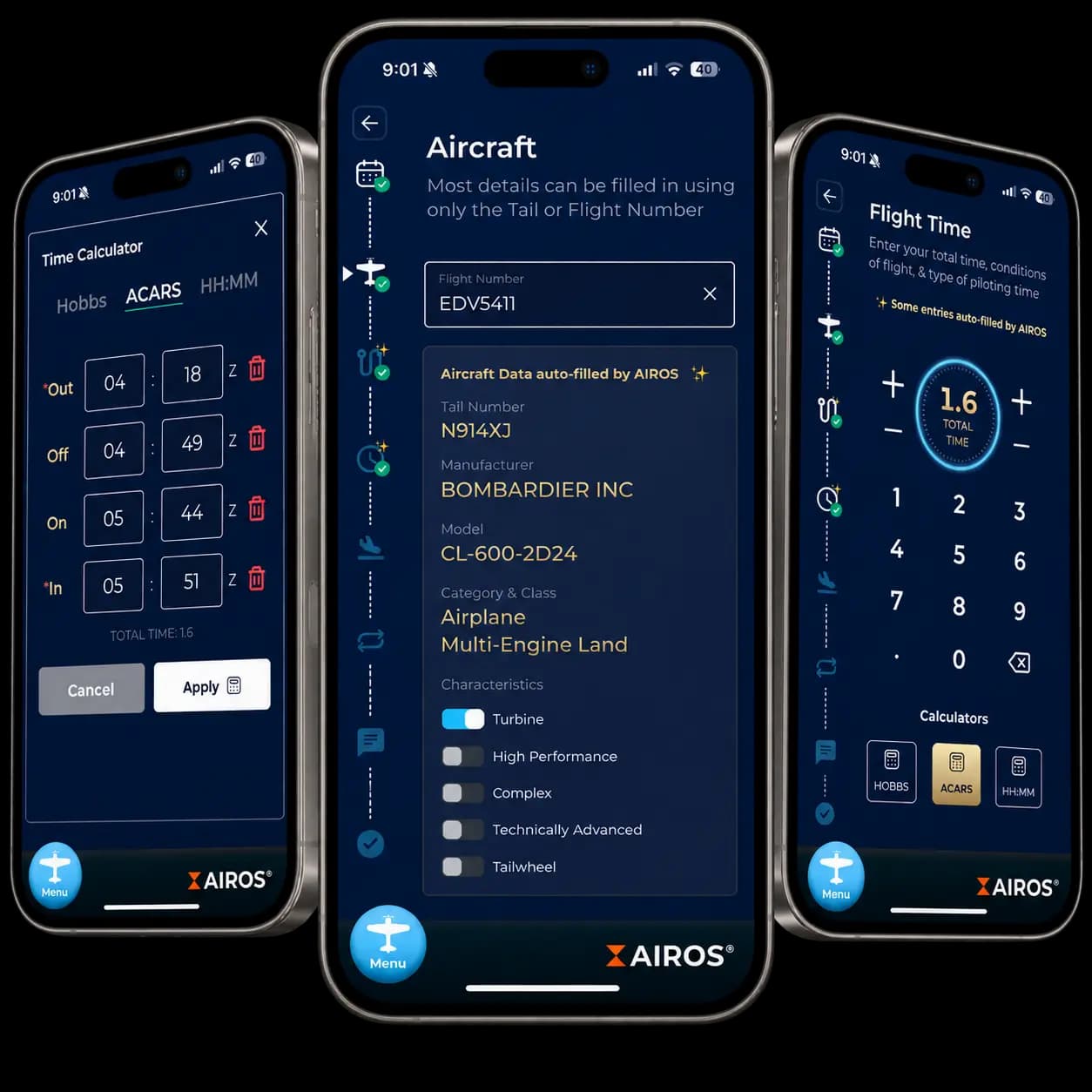 AIROS flight logging on three phones, showing the time calculator, aircraft autofill, and flight time entry
