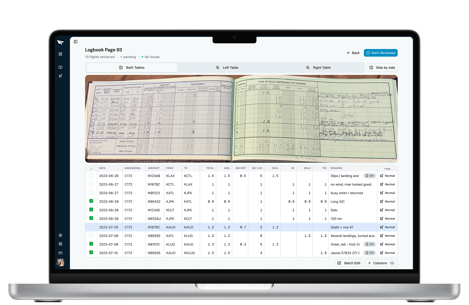 QuickLogs Review Station showing logbook photo alongside extracted digital flight data