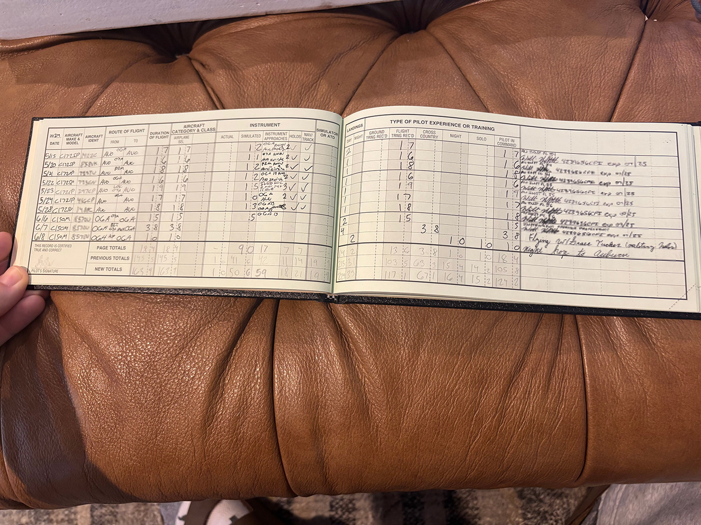 Scanned logbook page showing handwritten flight entries